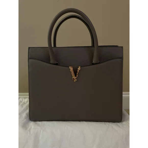 Versace Virtus Grainy Calf Leather Grey Large Top Handle Bag NWT $ 2100 Retail - Picture 2 of 10